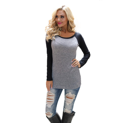 T-Shirts For Women Casual Loose Long Sleeve Round Neck Splice Pullover Tee Shirt femme Tops camisetas y tops IMY66