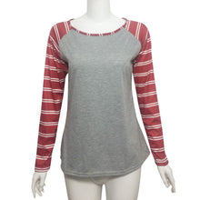 T-Shirts For Women Ladies Casual Round Collar Cotton Long Sleeve Splice Striped Tops Casual Tee Shirt IMY66