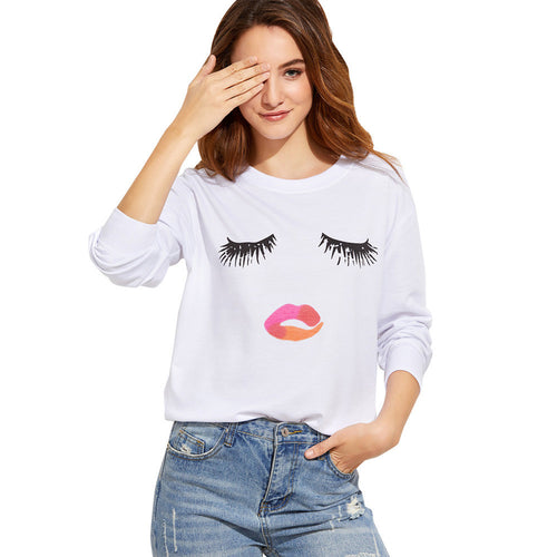 T-Shirts For Womens Girls Eyelash Print Round Neck Loose Tops Long Sleeve T-Shirt femme camisetas y tops IMY66