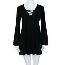 Dress Women Sexy Lace Up V-neck Sweater Knitted Dresses Bandage Flare Sleeve Dress Femme Vestidos Feminino IMY66