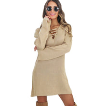 Dress Women Sexy Lace Up V-neck Sweater Knitted Dresses Bandage Flare Sleeve Dress Femme Vestidos Feminino IMY66