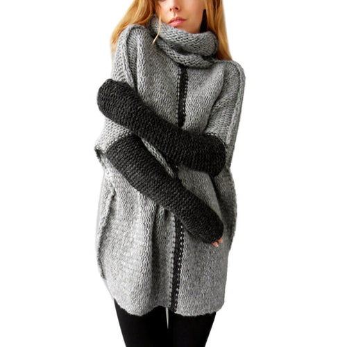 Women Casual Knitted Sweater Patchwork Turtleneck Loose Pullovers Sweater Knitted Tops pull femme IMY66