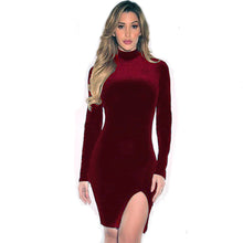 Women Club Party Dress Sexy Turtleneck Slit Velvet Bodycon Bandage Long Sleeve Mini Dress vestido feminino IMY66
