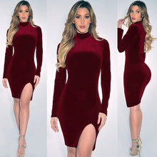 Women Club Party Dress Sexy Turtleneck Slit Velvet Bodycon Bandage Long Sleeve Mini Dress vestido feminino IMY66