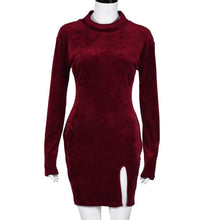 Women Club Party Dress Sexy Turtleneck Slit Velvet Bodycon Bandage Long Sleeve Mini Dress vestido feminino IMY66