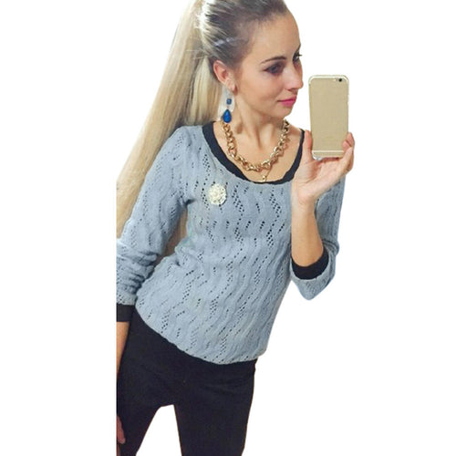 Women Knitted Sweater Back Button Hollow Long Sleeve Round Neck Jumper Knitwear Pullovers Tops IMY66