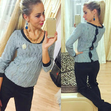 Women Knitted Sweater Back Button Hollow Long Sleeve Round Neck Jumper Knitwear Pullovers Tops IMY66