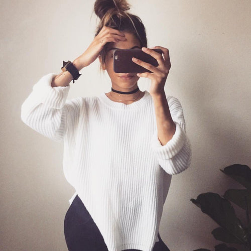 Women Knitted Sweater Long Sleeve Irregular Hem Tops Pullover Loose Jumper Knitwear Pullovers pull femme IMY66