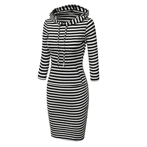 Women Casual Dress Long Sleeve Striped Hoodie Hooded Jumper Pockets Sweatershirt Tops Dress Vestidos IMY66