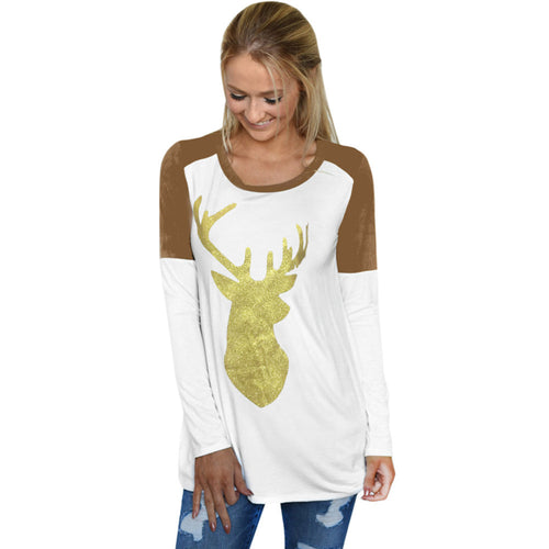 Women Casual Long Sleeve T-Shirts Splice Round Neck Reindeer Printed Tee Shirt Tops camisetas y tops IMY66