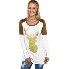 Women Casual Long Sleeve T-Shirts Splice Round Neck Reindeer Printed Tee Shirt Tops camisetas y tops IMY66
