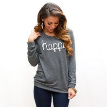 Women Casual T-Shirts Happy Letter Printed Loose Long Sleeve Round Neck Pullover Tee Shirt femme camisetas y tops IMY66