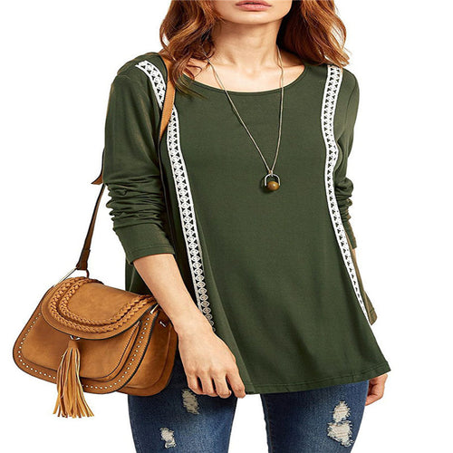 Women Casual T-Shirts Lace Long Sleeve Round Sleeve T-Shirt Loose Cotton Tops Tee Shirt femme camisetas y tops IMY66