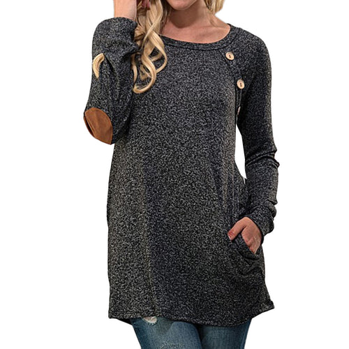 Women Casual T-Shirts Lady Long Sleeve Round Neck Button Elbow Patch Long Sleeve tee shirt femme camisetas mujer IMY66