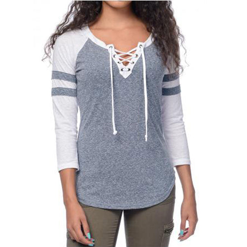 Women Casual T-Shirts Sexy Round Neck Lace Up Splicing Long Sleeve V-Neck Tops camisetas y tops Vetement Femme IMY66