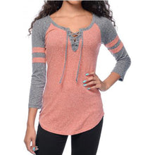 Women Casual T-Shirts Sexy Round Neck Lace Up Splicing Long Sleeve V-Neck Tops camisetas y tops Vetement Femme IMY66