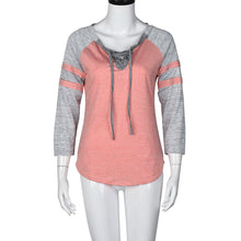 Women Casual T-Shirts Sexy Round Neck Lace Up Splicing Long Sleeve V-Neck Tops camisetas y tops Vetement Femme IMY66