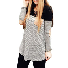 Women Casual T-Shirts Striped Pockets Long Sleeve O Neck Pullover Cotton Loose Tops Tee Shirt camisetas y tops IMY66