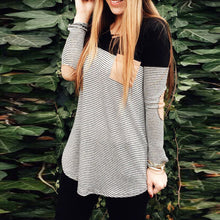 Women Casual T-Shirts Striped Pockets Long Sleeve O Neck Pullover Cotton Loose Tops Tee Shirt camisetas y tops IMY66