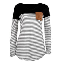 Women Casual T-Shirts Striped Pockets Long Sleeve O Neck Pullover Cotton Loose Tops Tee Shirt camisetas y tops IMY66