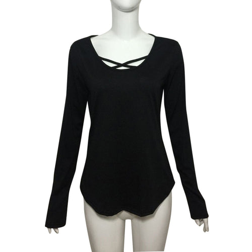 Women Casual T-Shirts Tops Solid Front Cross Loose Long Sleeve tee shirt femme camisetas mujer IMY66