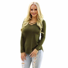 Women Casual T-Shirts Tops Solid Front Cross Loose Long Sleeve tee shirt femme camisetas mujer IMY66
