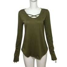 Women Casual T-Shirts Tops Solid Front Cross Loose Long Sleeve tee shirt femme camisetas mujer IMY66