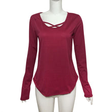 Women Casual T-Shirts Tops Solid Front Cross Loose Long Sleeve tee shirt femme camisetas mujer IMY66