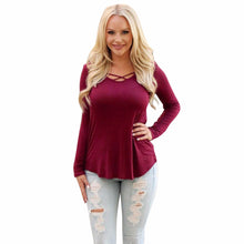 Women Casual T-Shirts Tops Solid Front Cross Loose Long Sleeve tee shirt femme camisetas mujer IMY66