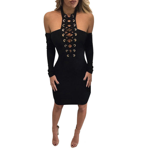 Women Dress Lace Up Style Sexy Off Shoulder Bandage Bodycon Long Sleeve Party Mini Dress vestido feminino IMY66