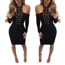 Women Dress Lace Up Style Sexy Off Shoulder Bandage Bodycon Long Sleeve Party Mini Dress vestido feminino IMY66