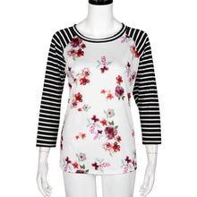 Women Floral Striped Splice T-Shirts Casual Round Neck Half Sleeve Tops Tee Shirt femme Hoodies camisetas y tops IMY66