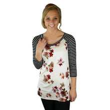 Women Floral Striped Splice T-Shirts Casual Round Neck Half Sleeve Tops Tee Shirt femme Hoodies camisetas y tops IMY66