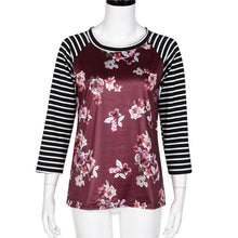 Women Floral Striped Splice T-Shirts Casual Round Neck Half Sleeve Tops Tee Shirt femme Hoodies camisetas y tops IMY66