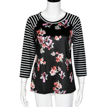 Women Floral Striped Splice T-Shirts Casual Round Neck Half Sleeve Tops Tee Shirt femme Hoodies camisetas y tops IMY66