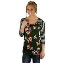 Women Floral Striped Splice T-Shirts Casual Round Neck Half Sleeve Tops Tee Shirt femme Hoodies camisetas y tops IMY66