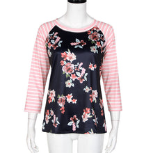 Women Floral Striped Splice T-Shirts Casual Round Neck Half Sleeve Tops Tee Shirt femme Hoodies camisetas y tops IMY66