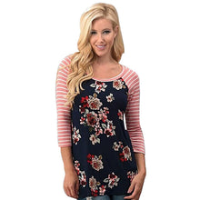 Women Floral Striped Splice T-Shirts Casual Round Neck Half Sleeve Tops Tee Shirt femme Hoodies camisetas y tops IMY66