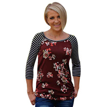 Women Floral Striped Splice T-Shirts Casual Round Neck Half Sleeve Tops Tee Shirt femme Hoodies camisetas y tops IMY66