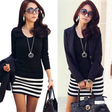 Women Lady Casual Dress Sexy Long Sleeve Crew Neck Splice Striped Slim Pencil Party Mini Dress Vestidos Femininos IMY66