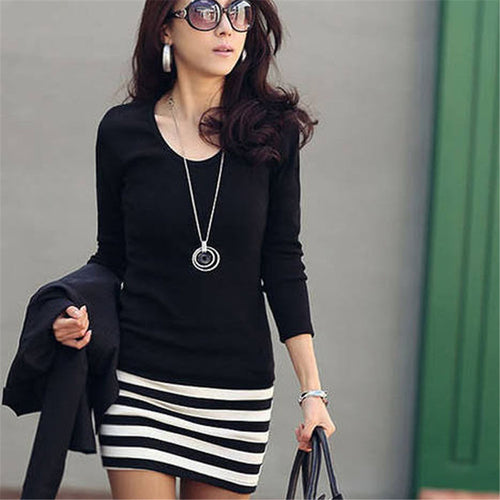 Women Lady Casual Dress Sexy Long Sleeve Crew Neck Splice Striped Slim Pencil Party Mini Dress Vestidos Femininos IMY66