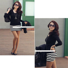 Women Lady Casual Dress Sexy Long Sleeve Crew Neck Splice Striped Slim Pencil Party Mini Dress Vestidos Femininos IMY66