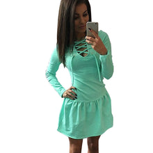 Women Long Sleeve Dress Sexy V Neck Lace Up Bandage Flounced Casual Party Mini Bodycon Dress Vestidos Femininos IMY66