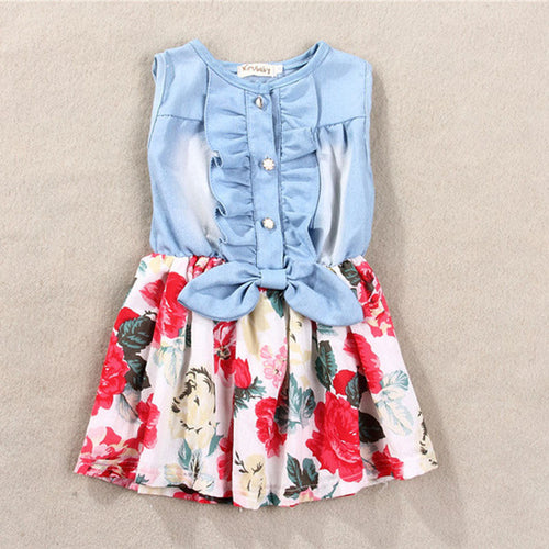 Baby Girl Kids Casual Clothing Tutu Dress Printed Flowers Denim Patchwork Princess Party Dress IMY66