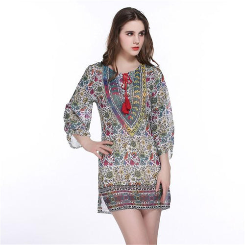 Baroque Colorful Flower Print Tie Neck One Piece Half Sleeve Shift Dress Ethnic Gypsy Women Hippie Boho Street femme IMY66