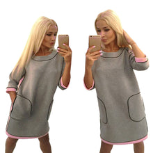 Black Friday deals Women Casual Three Quarter Sleeve Elegant Pink Grey Hit Color Loose Tee Shirt Tops Dress IMY66