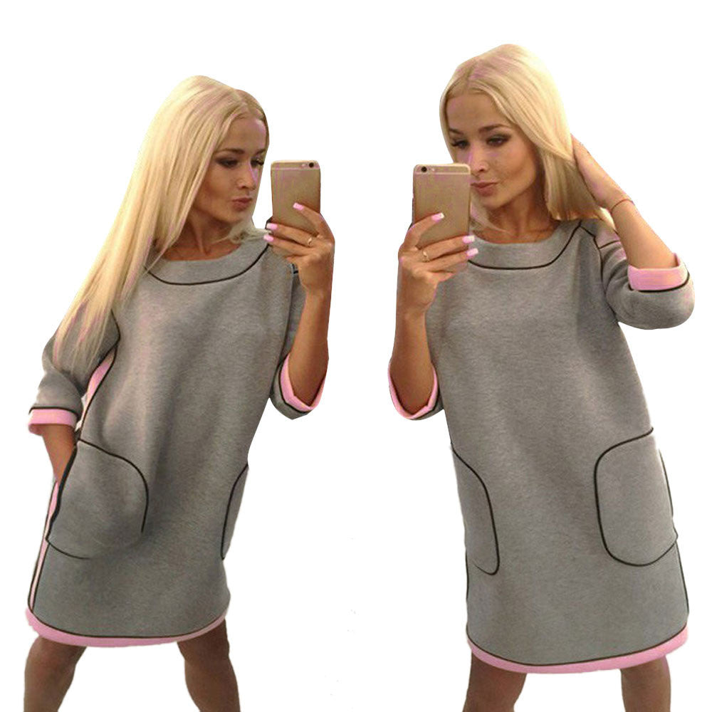 Black Friday deals Women Casual Three Quarter Sleeve Elegant Pink Grey Hit Color Loose Tee Shirt Tops Dress IMY66