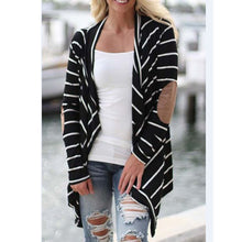 Black and White Stripe Elbow Patching PU Leather Long Sleeve Knitted Cardigan Fall Slim Women Sweater IMY66