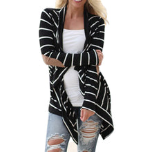 Black and White Stripe Elbow Patching PU Leather Long Sleeve Knitted Cardigan Fall Slim Women Sweater IMY66