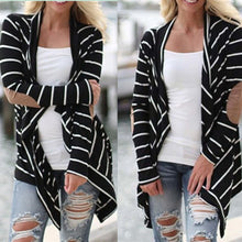 Black and White Stripe Elbow Patching PU Leather Long Sleeve Knitted Cardigan Fall Slim Women Sweater IMY66